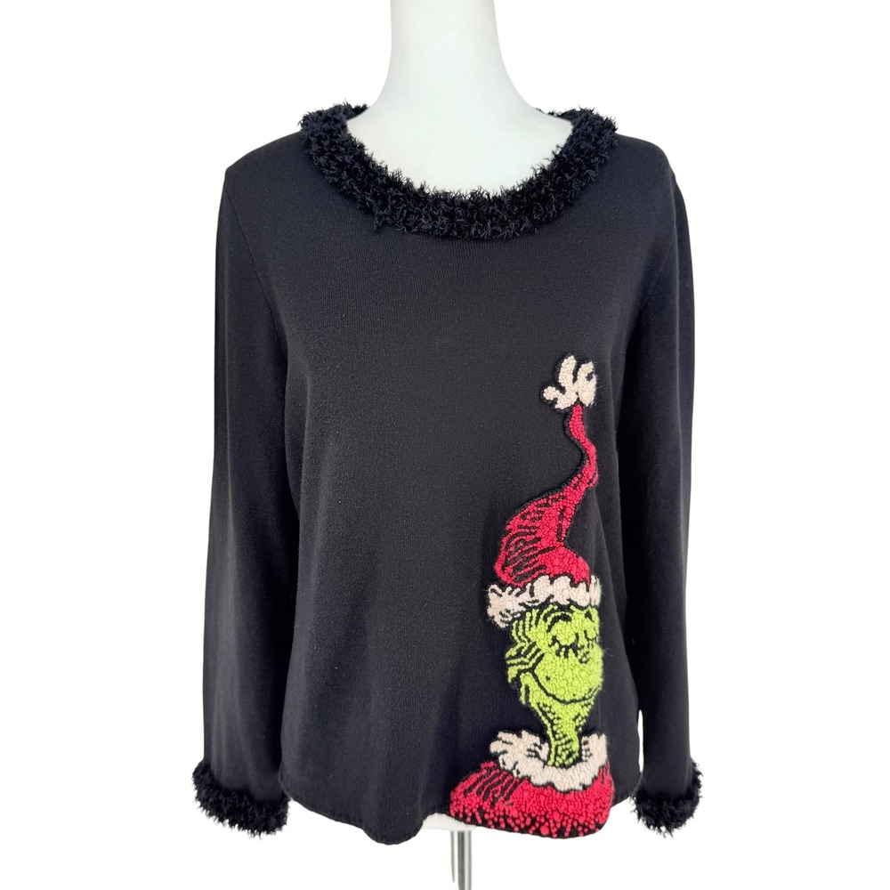 Michael Simon Dr Seuss Grinch Christmas Sweater Black Eyelash‎ Trim Womens L